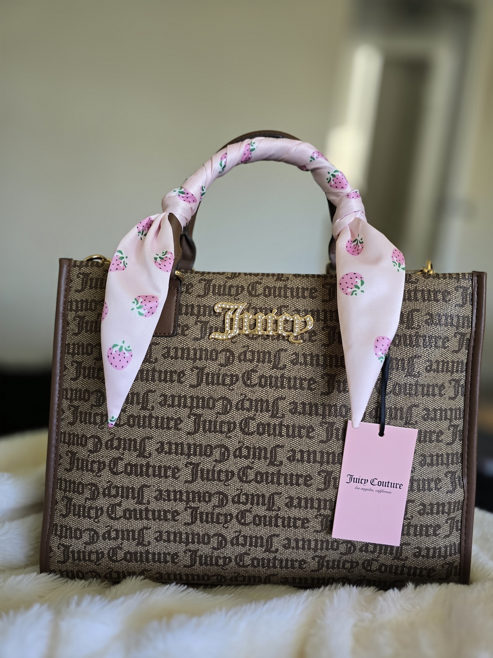 Juicy Couture Pink-Accented Signature Monogram Satchel